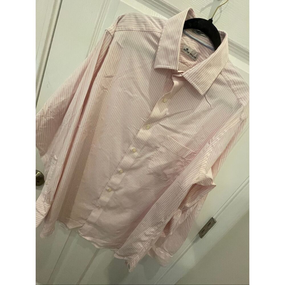 Peter Millar men’s pink white striped button down long sleeve shirt 17.5 long